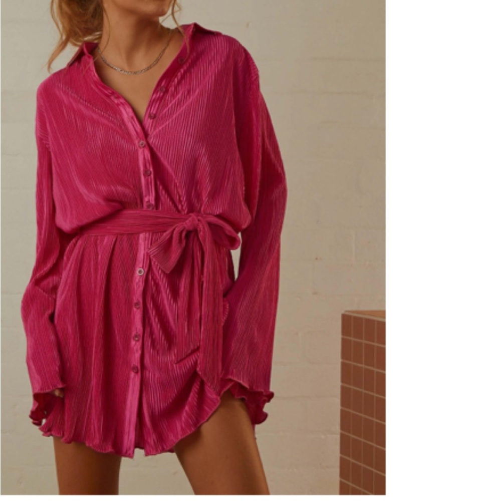 Magenta pink pleated shirt dress